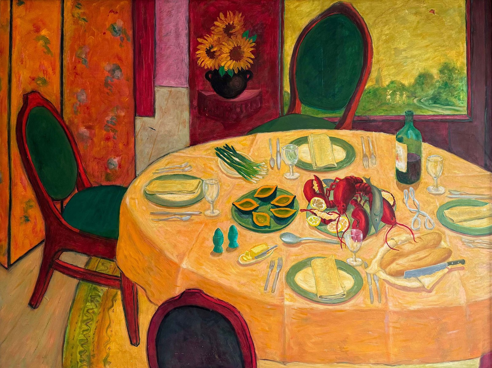 Lobster Dinner Semi-Abstract of living room with armchair, small side table, lamp, houseplant, and four windows with open curtains