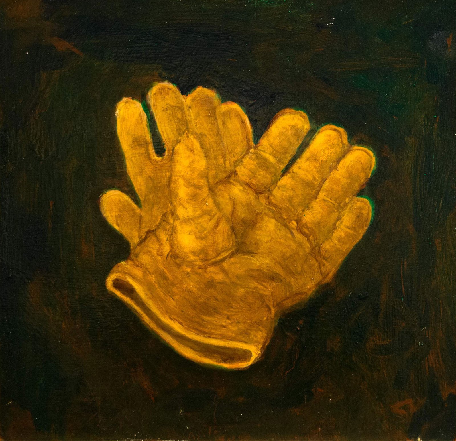 Work Gloves Semi abstract of painting of young man with multicolored circles overlapping over him and throughout the canvas