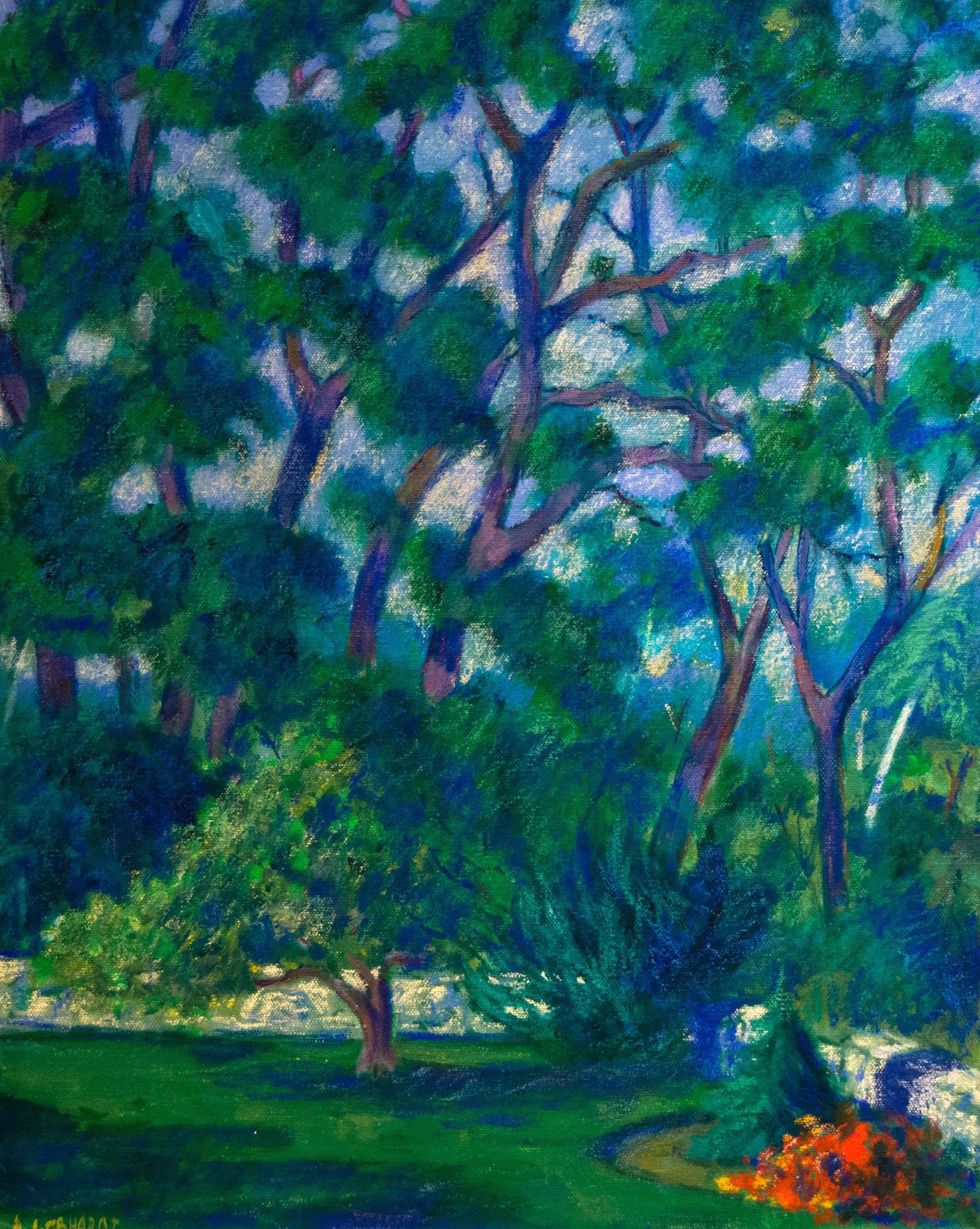 Backyard Tree Semi abstract of painting of young man with multicolored circles overlapping over him and throughout the canvas