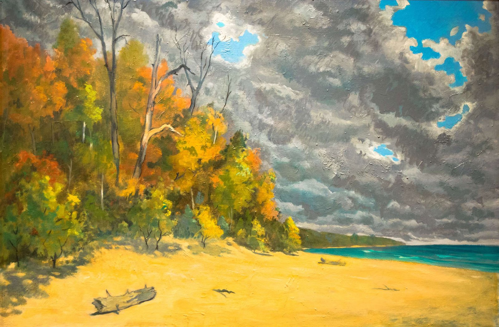 Doctor's Park Semi-Abstract of living room with armchair, small side table, lamp, houseplant, and four windows with open curtains