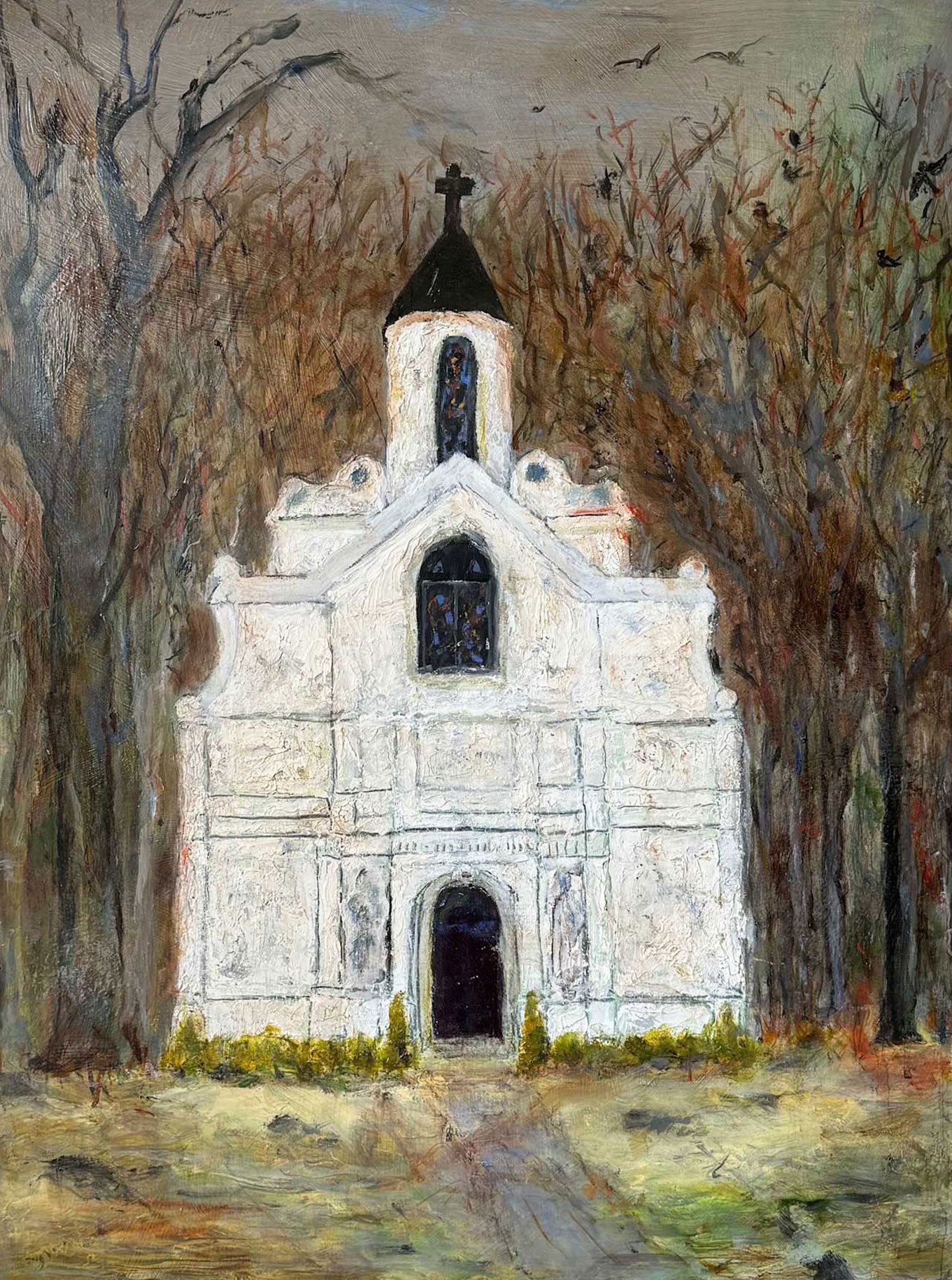 White Church Sad clown in old-fashioned costume sitting on chair with crossed legs and hands on knee