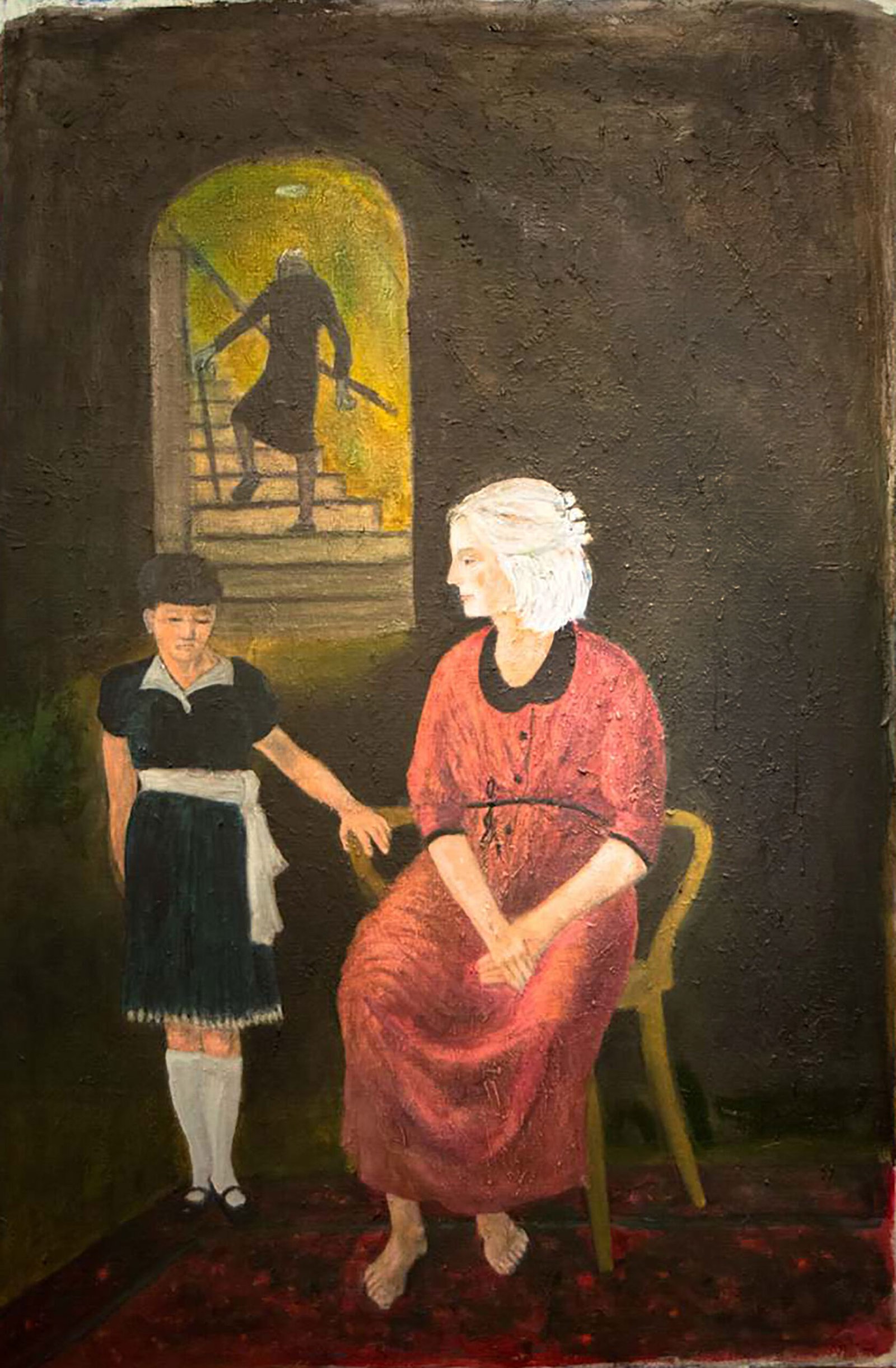 Jester sitting on stool with small boy at his feet holding a ball, with a destitute dog in the background