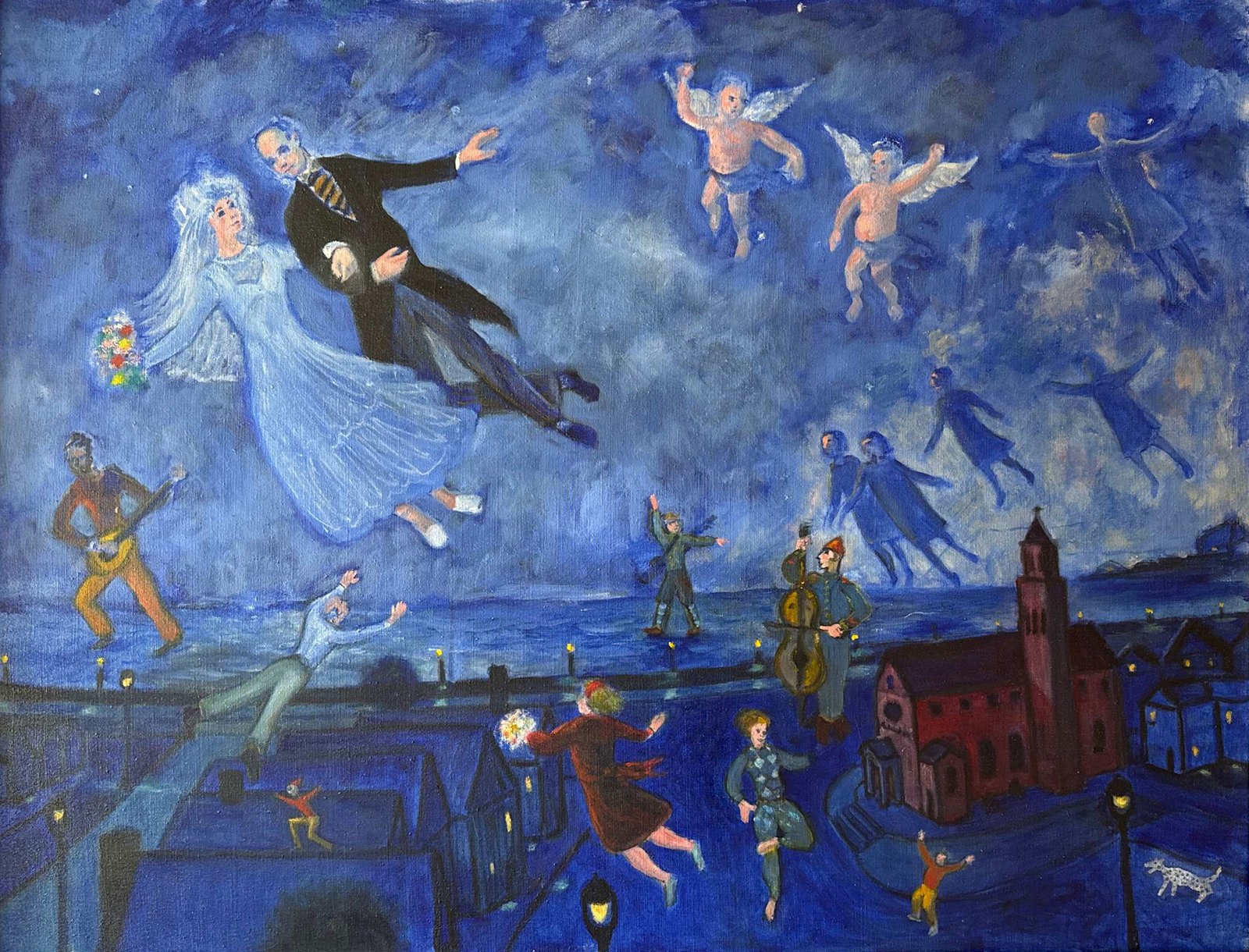 Wedding Dream Bride and groom flying in the nigh sky over a church with family and two angels surrounding them