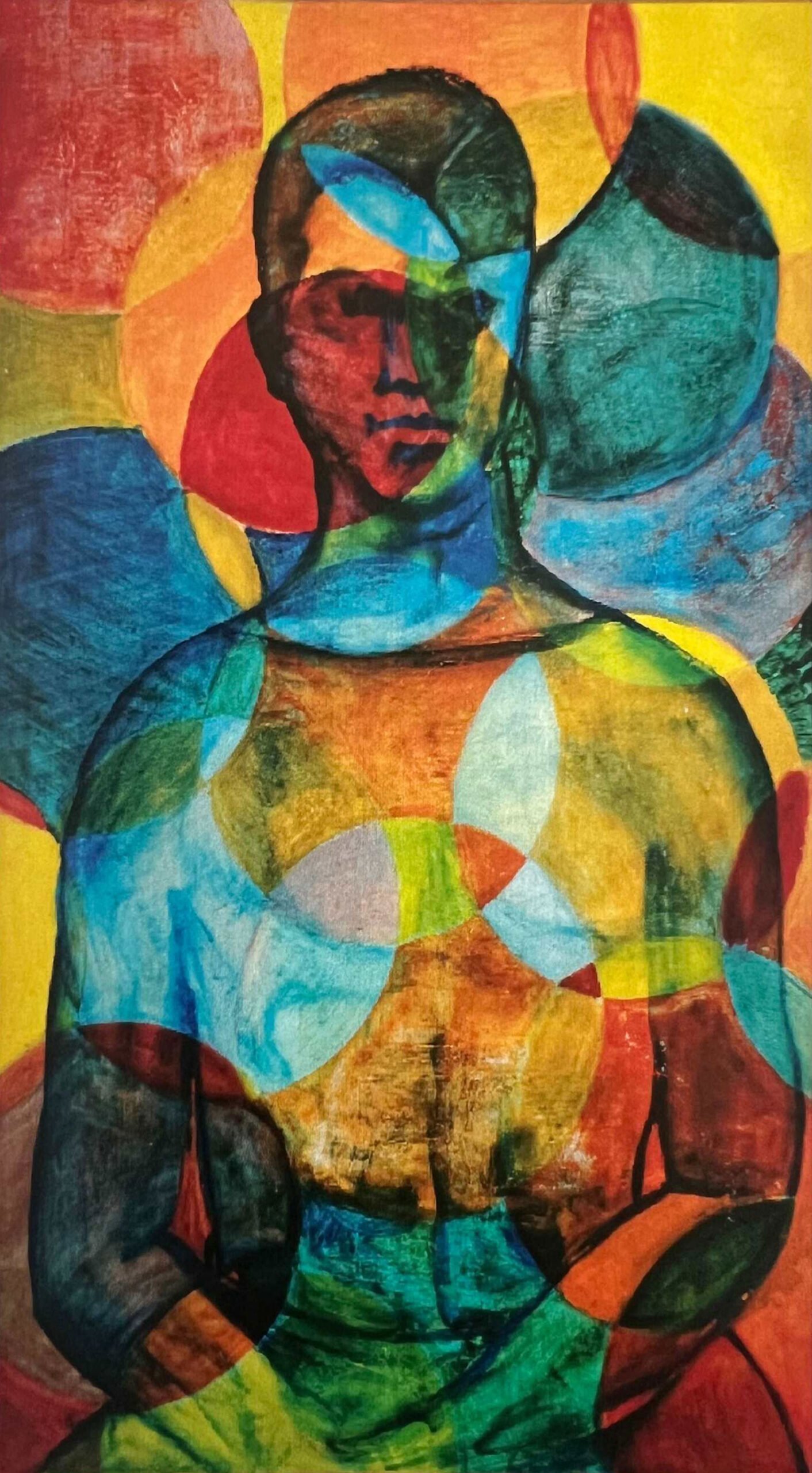 Semi-Abstract Semi abstract of painting of young man with multicolored circles overlapping over him and throughout the canvas