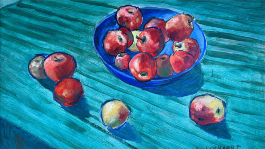 Painting of bowl of apples on table with five pieces of fruit spilled out