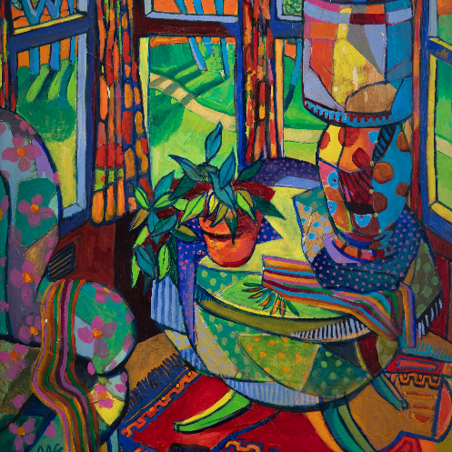 The Jewel Semi-Abstract of living room with armchair, small side table, lamp, houseplant, and four windows with open curtains