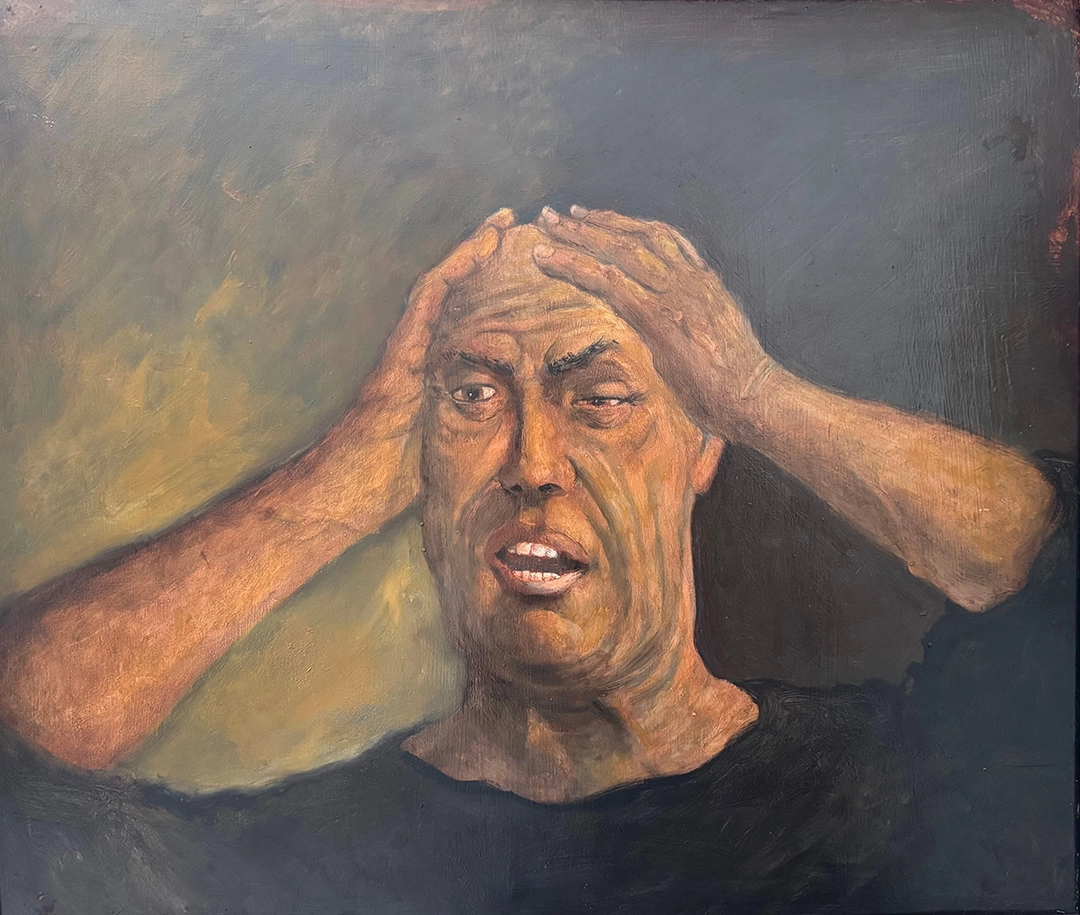 Jester sitting on stool with small boy at his feet holding a ball, with a destitute dog in the background