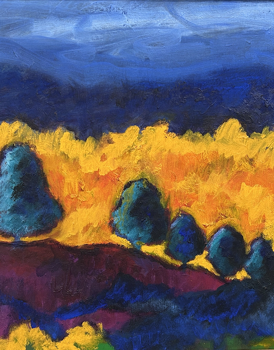 art-gebhardt-painting-trees-virginia Oil painting with trees in the foreground and sky and a valley of fall leaves in the background