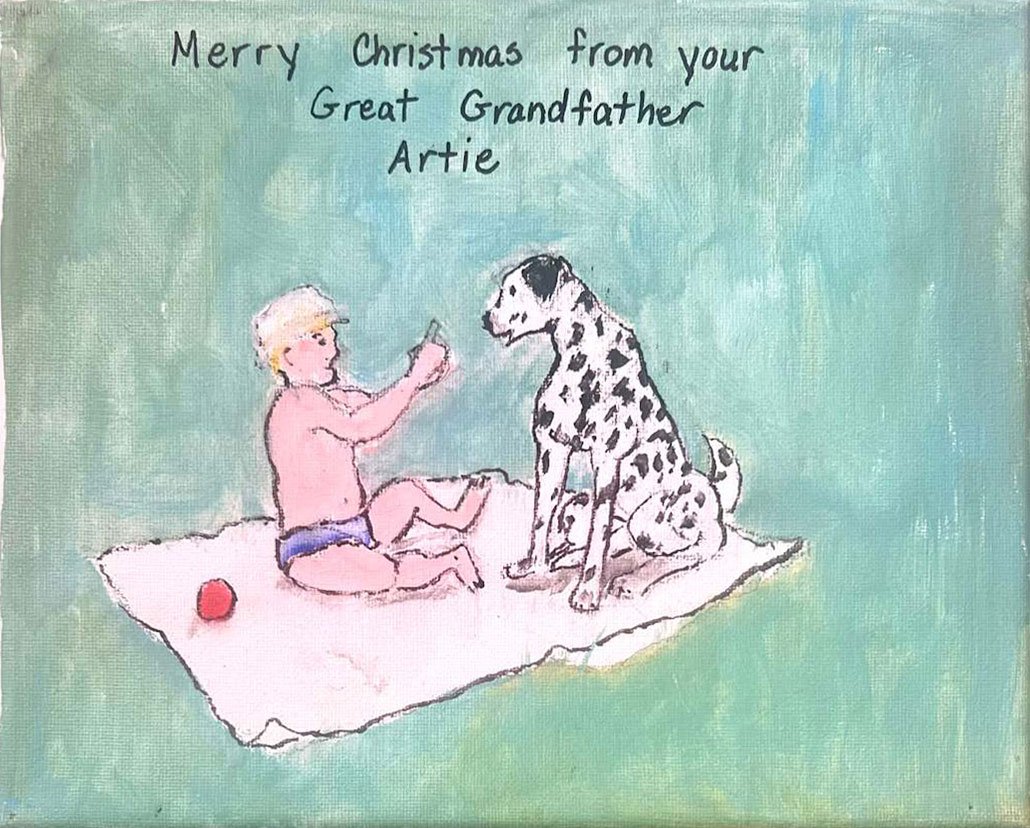 Gift to Signe A young boy on a blanket with a Dalmatian