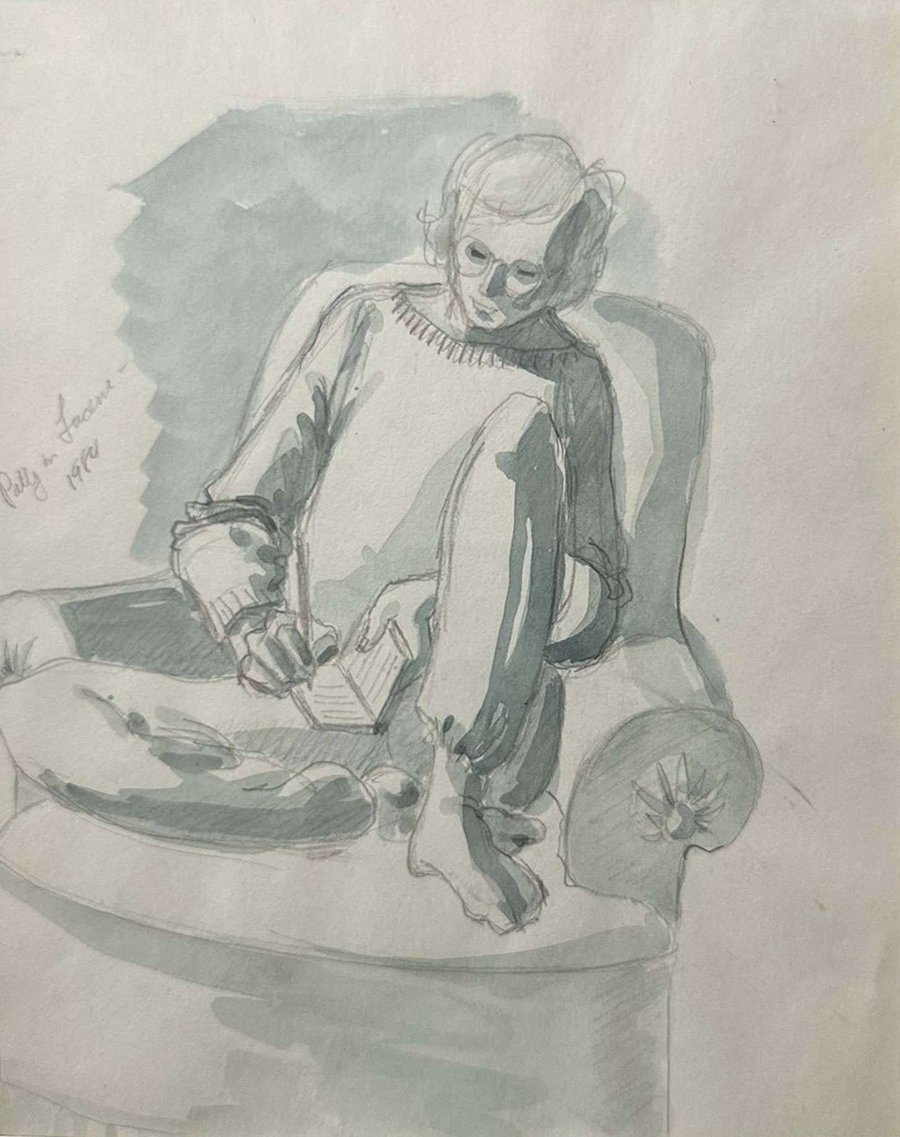 Sketch of Gephardt's wife, Poppy, comfortably sitting and sketching in an armchair