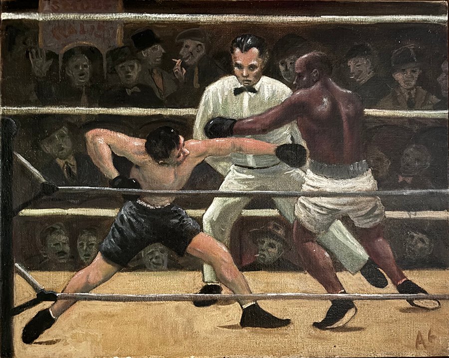 Club Match Two boxers and a ref in a ring, one going for a low punch and the other launching high.