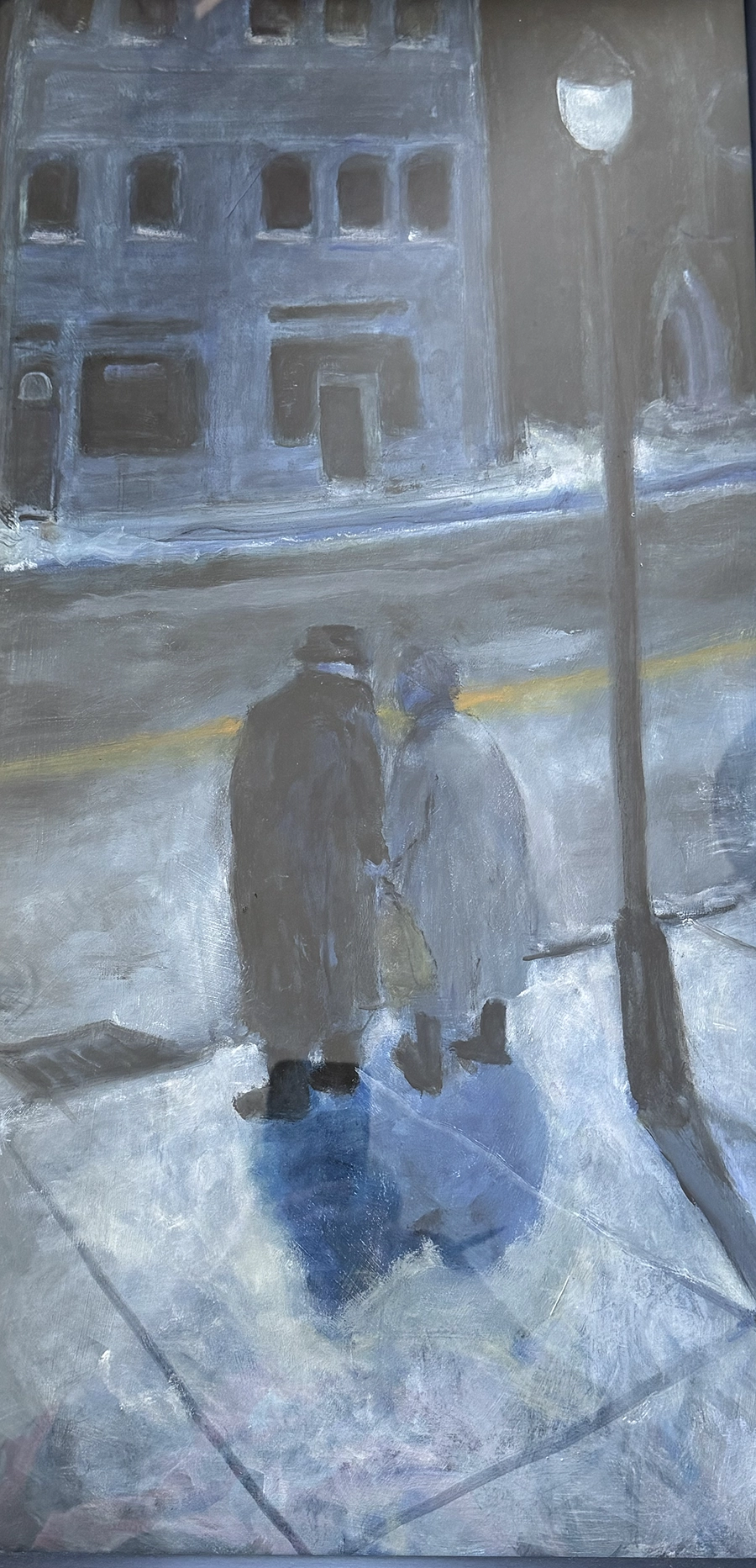Snowy Stroll Painting of artist Arthur Gebhardt and his wife, Patty, under a streetlight in the dark on a snowy evening.