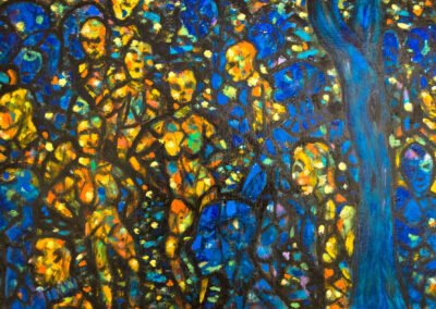 Abstract painting with image of several naked color-blocked men and women in a large mass walking past a tree, presumably in forest