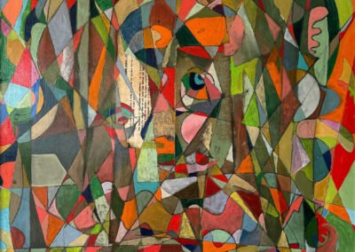 Abstract painting with many triangles filled with other shapes, primarily half circles and waves, with one eye off-center and a couple small pieces of typewritten paper partially obscured; painting by Art Gebhardt