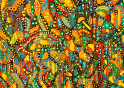 Abstract painting with curved shapes, lines, and many dots