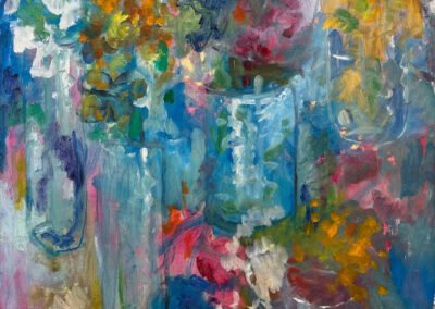 Abstract of multiple glass vases of flowers covering page