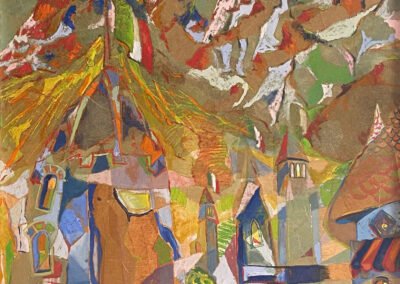 Abstract of village and church at the base of snowy mountains