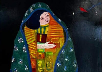 Himalayan woman wrapped in blankets in dark with Everest aglow behind her and a red bird on a branch beside her