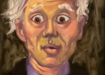 Portrait of Andy Warhol, painted by Arthur Gebhardt, with wide eyes and asked bowtie