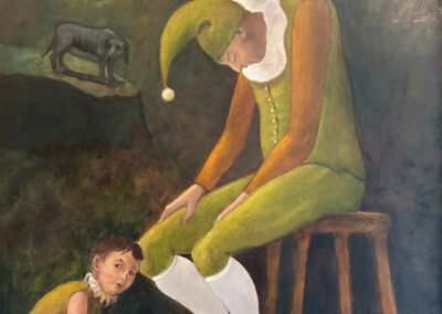 Jester sitting on stool with small boy at his feet holding a ball, with a destitute dog in the background