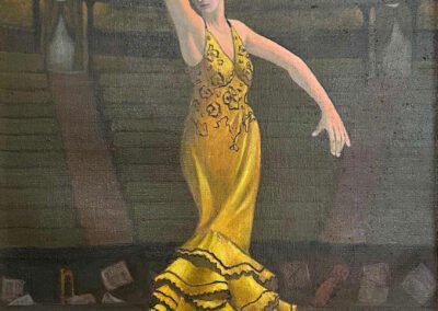 Woman in empty theater in the round in a ruffled yellow dress dancing with one arm up and one arched down