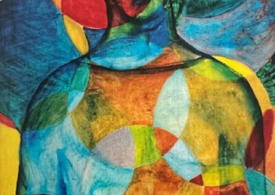 Semi-Abstract of man sitting with hands in lap and circles overlapping throughout the canvas