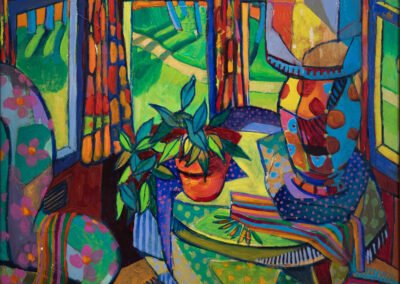 Semi-Abstract of living room with armchair, small side table, lamp, houseplant, and four windows with open curtains